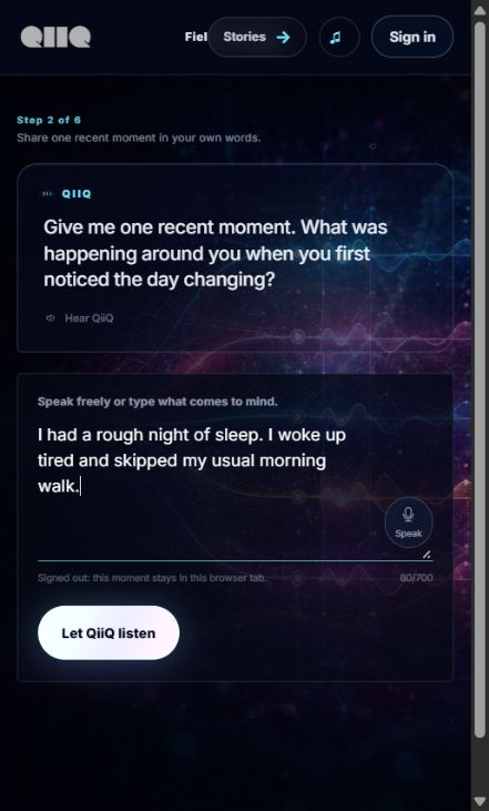 Quest Loop text box with a fictional note about poor sleep and a missed walk