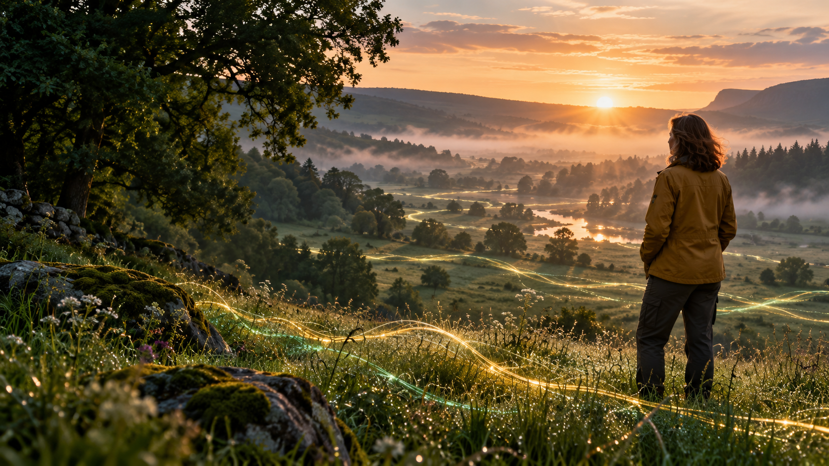 A woman looking into a luminous field at dawn, concept art